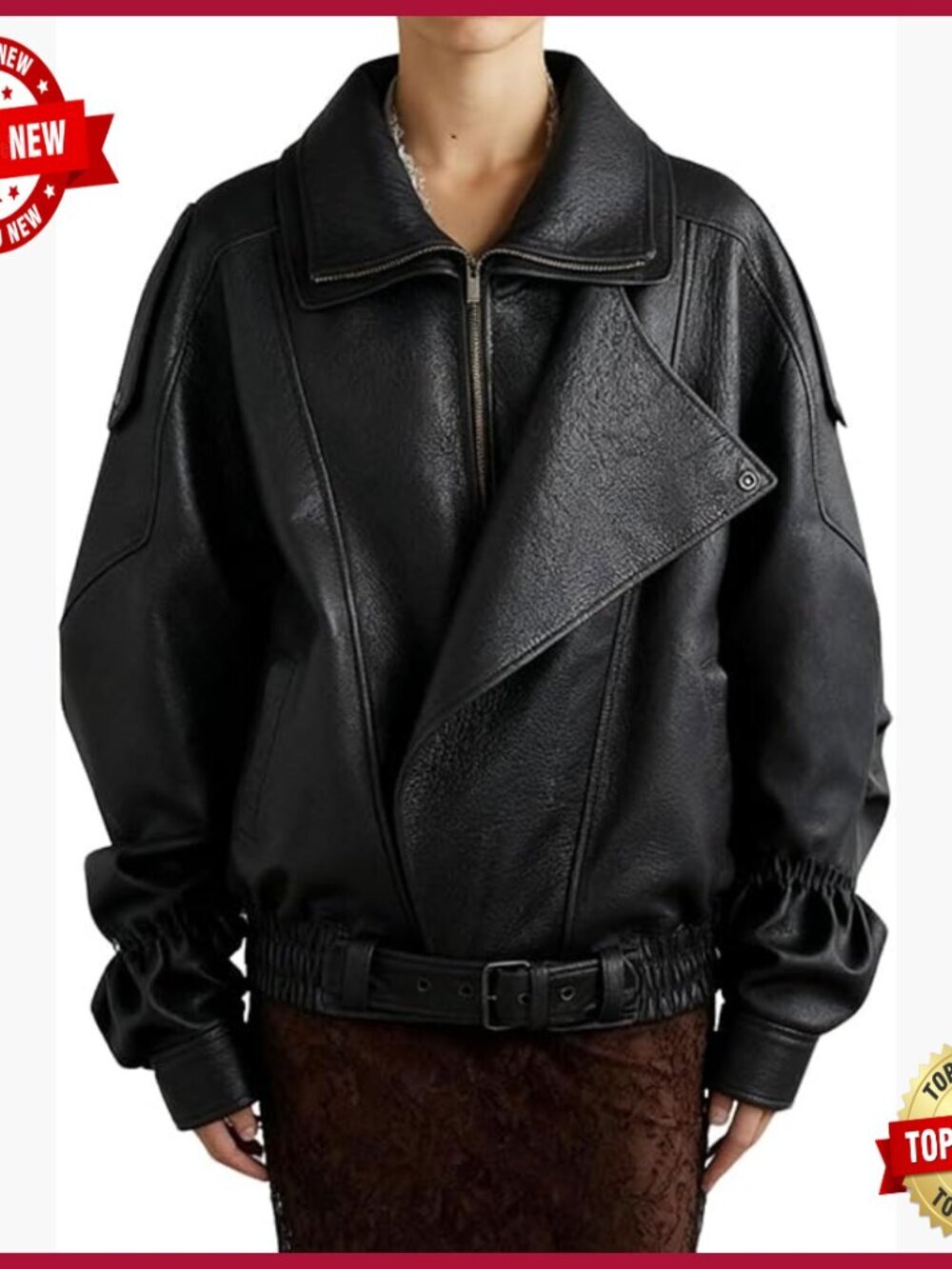 Oversized Faux Leather Moto Jacket with Belted Waist and Large Collar